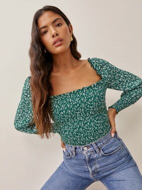 Reformation green floral Pinto puff sleeve cropped blouse size M